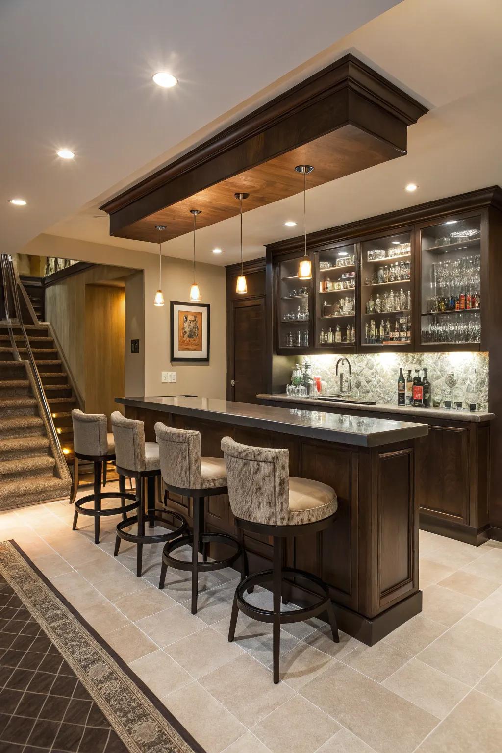 A relaxation room featuring a chic home wet bar arrangement for hosting visitors.