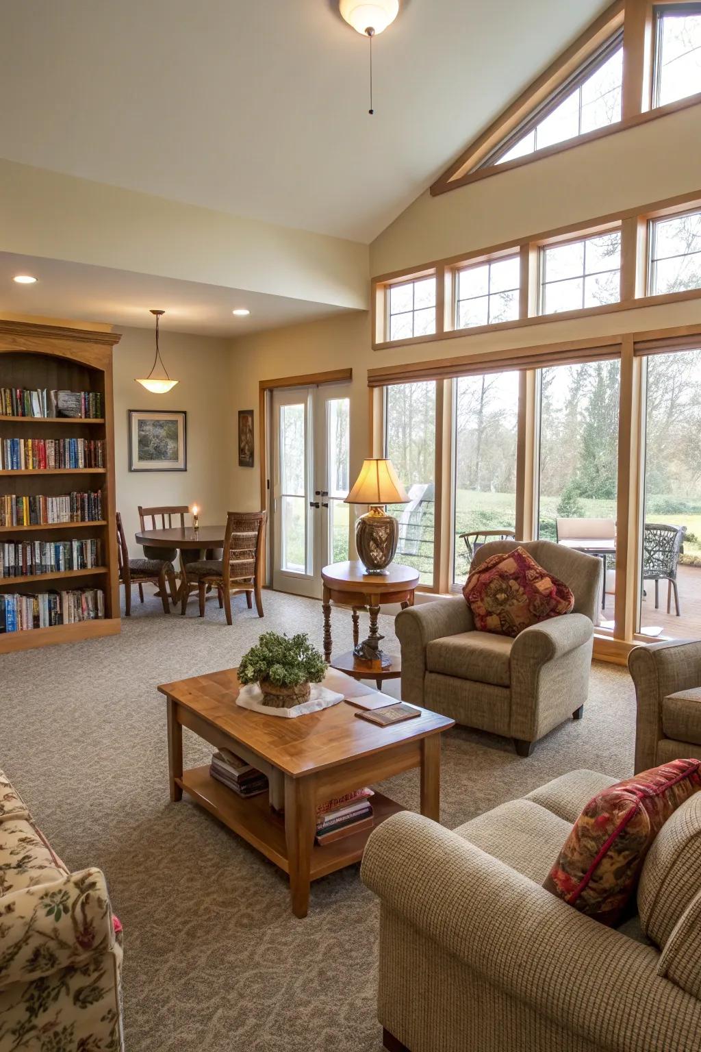 A functional living room arrangement that amplifies utility and socializing.