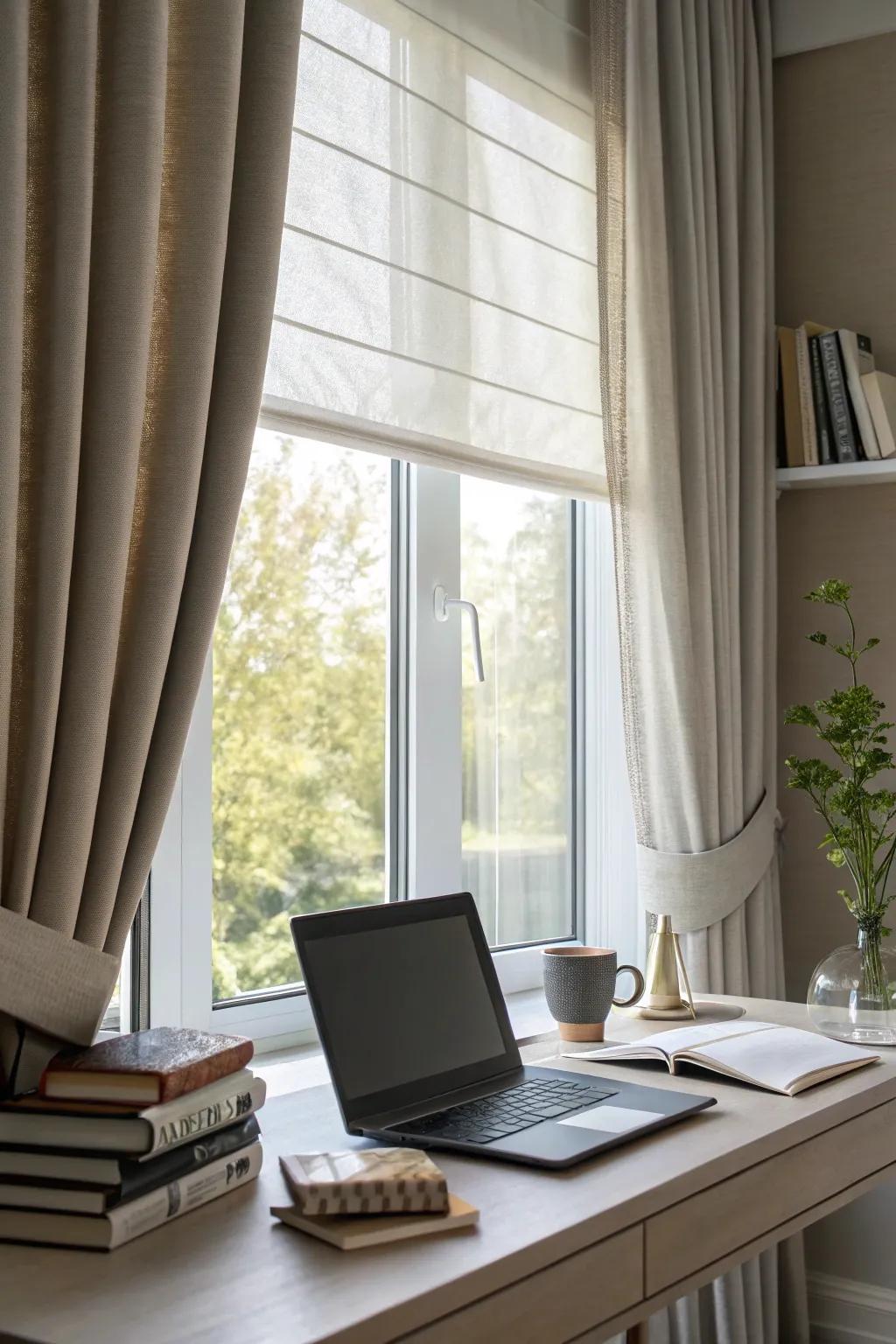 Window coverings offer light control and privacy.