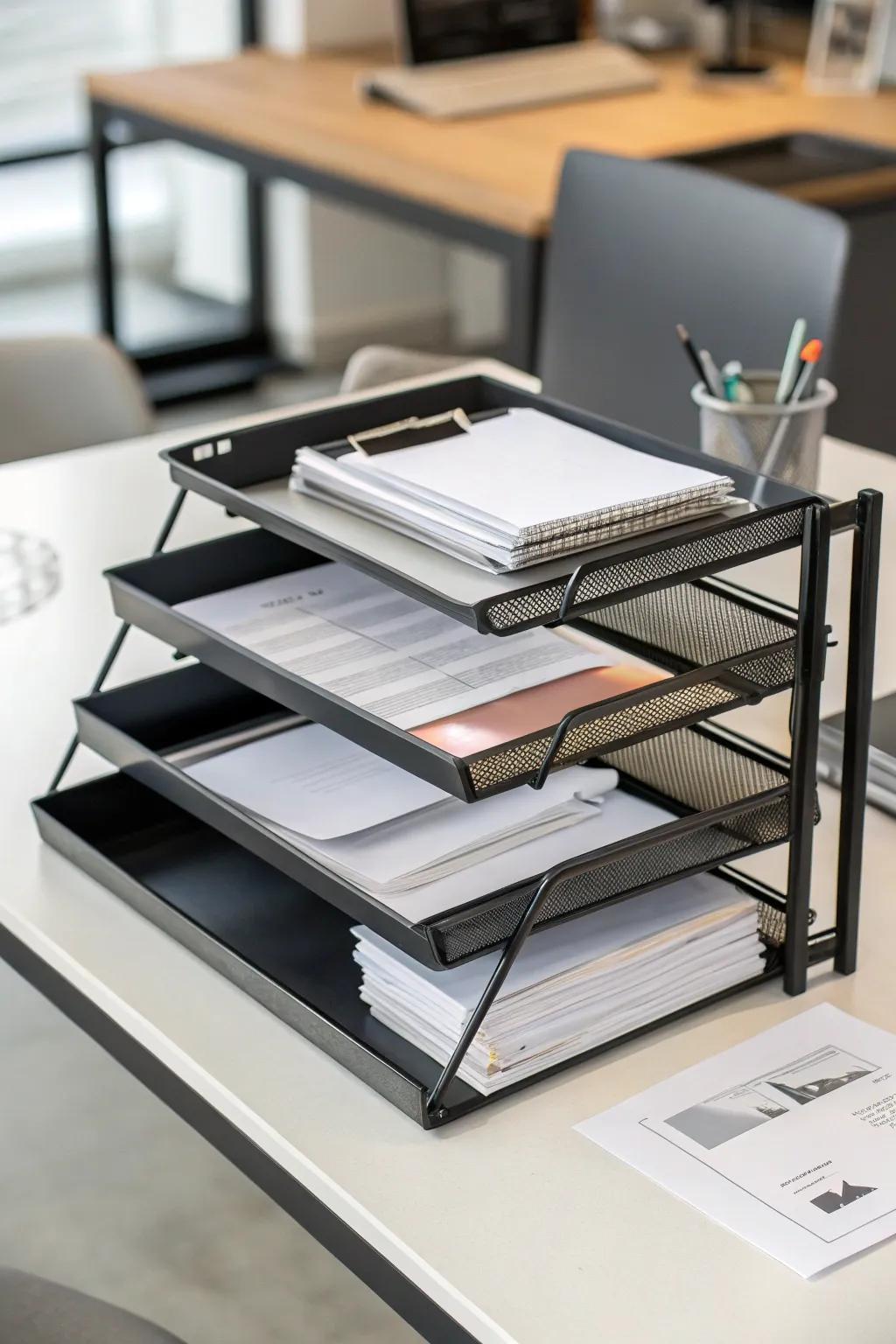 Tiered shelves for a tidy and accessible desk.
