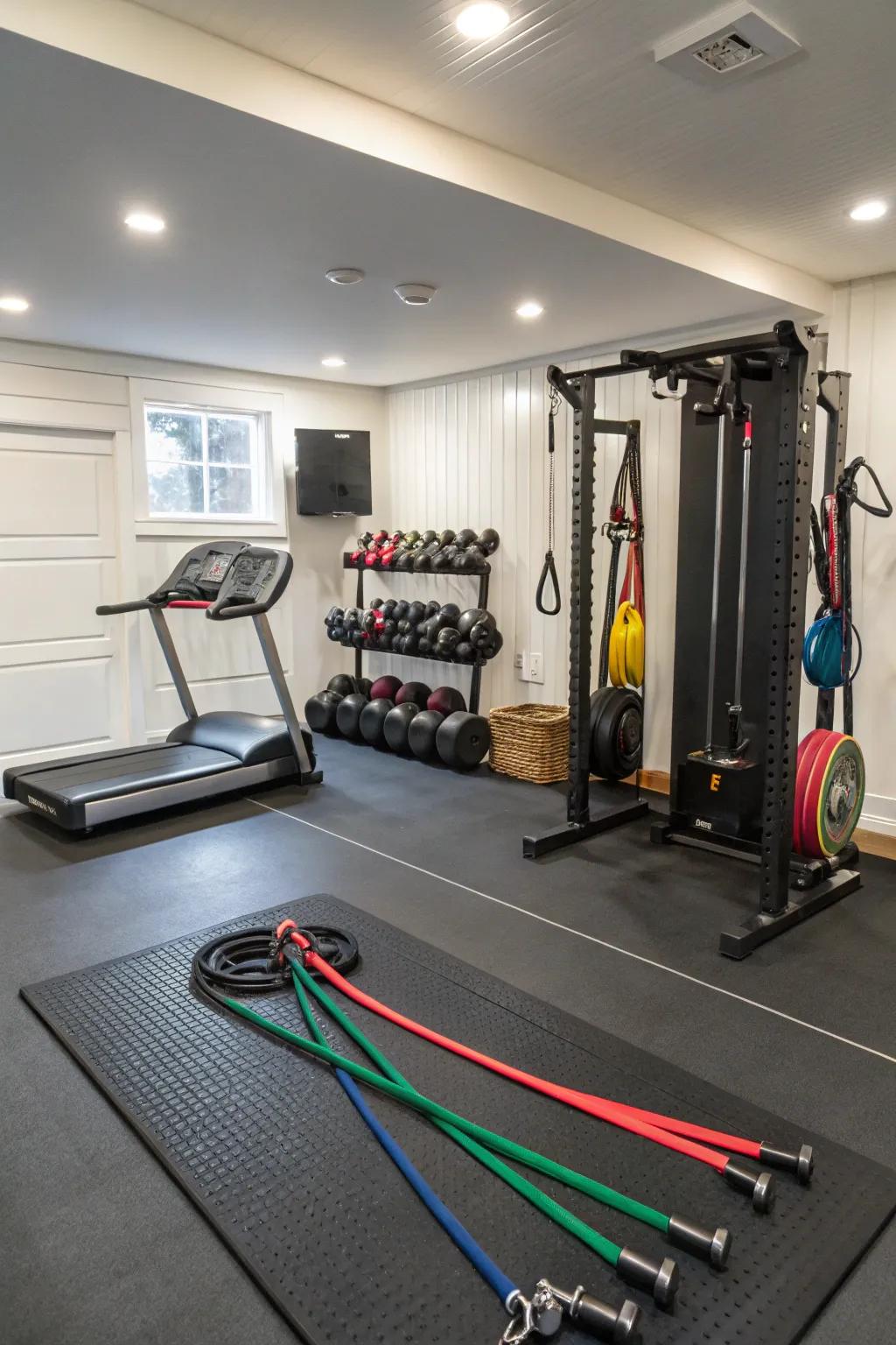 A gym with practical rubber flooring, suitable for various workouts.