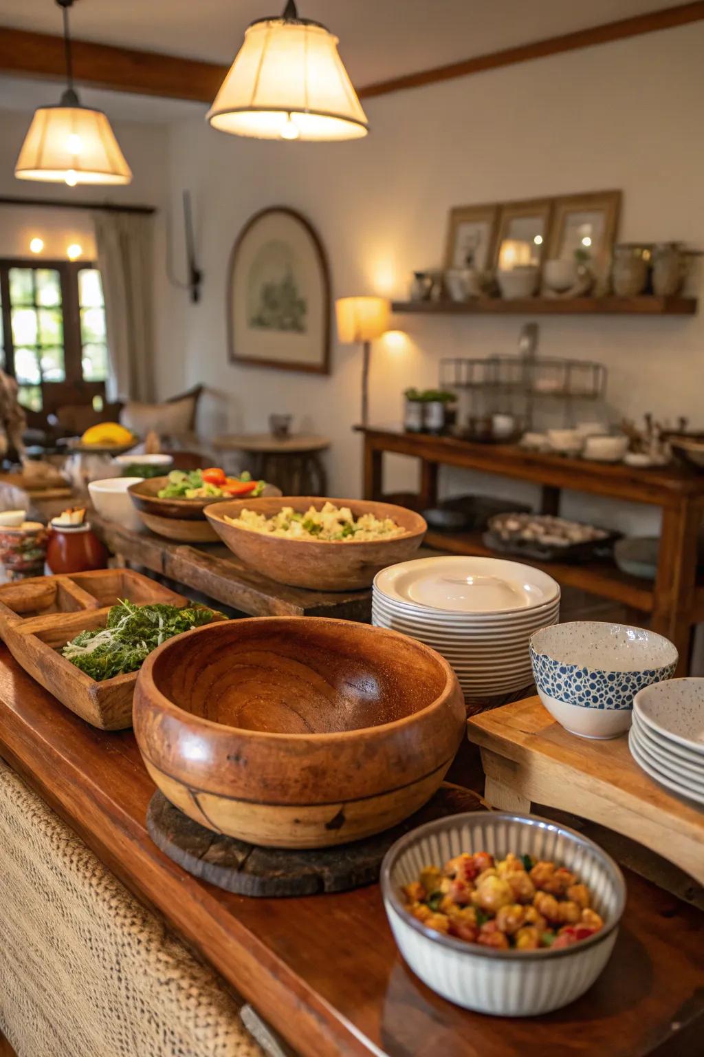 Natural aspects infuse warmth and texture into this buffet design.