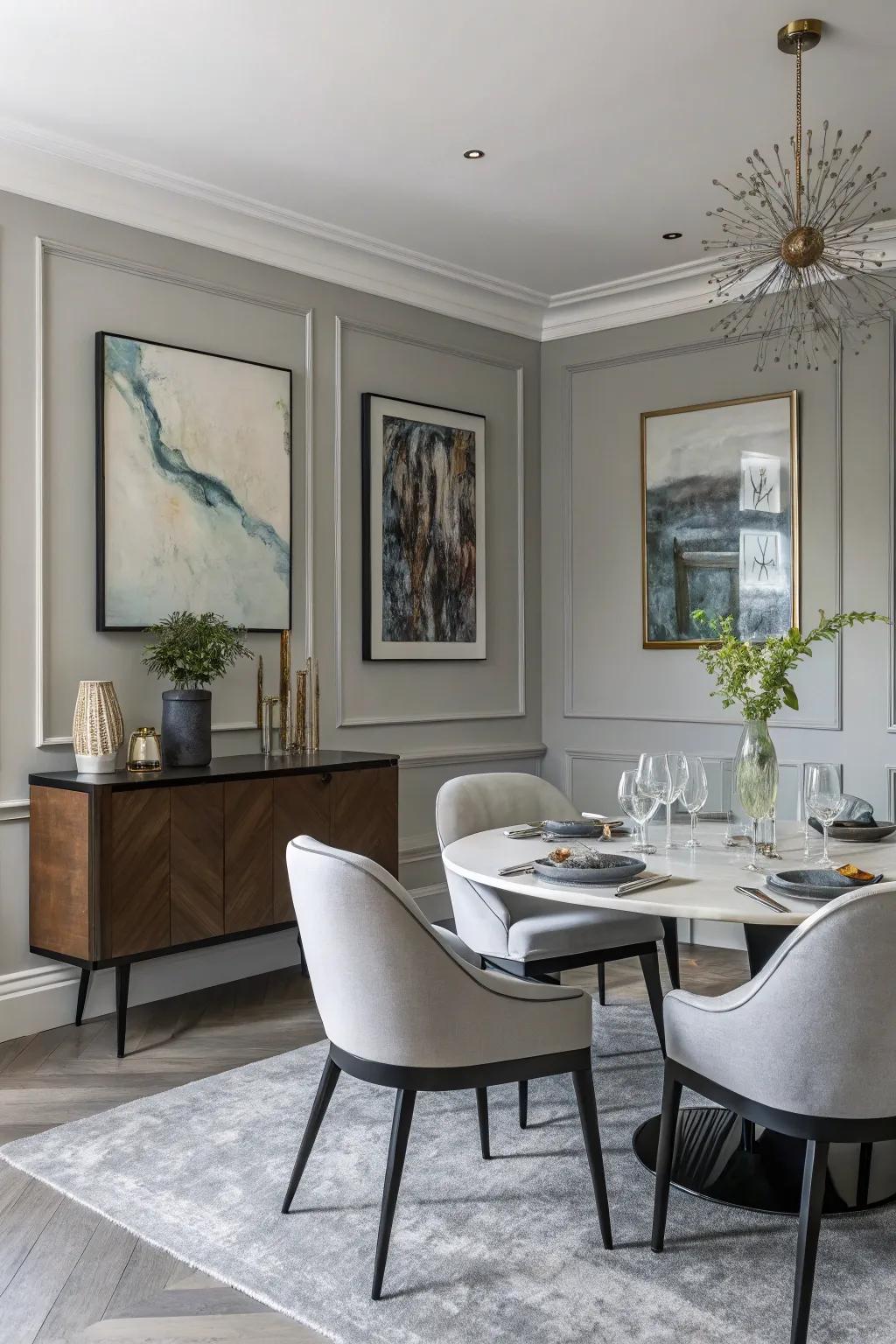 A modern dining space with soothing gray hues.
