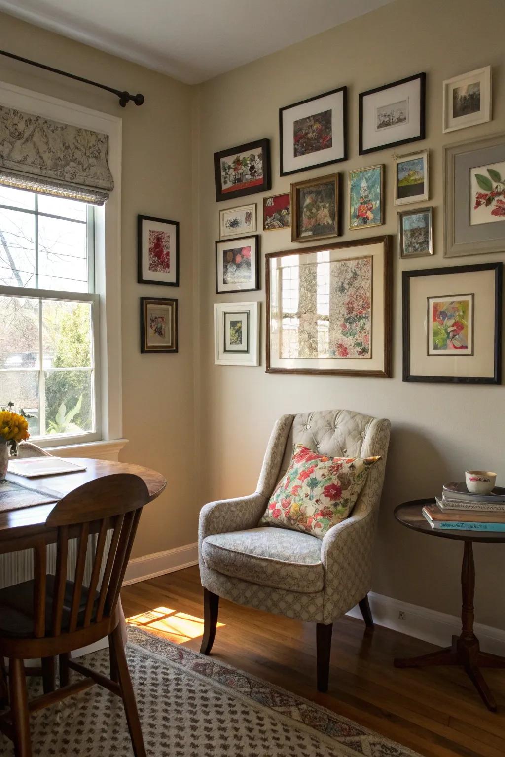 A gallery wall personalizes and enlivens any dining corner.