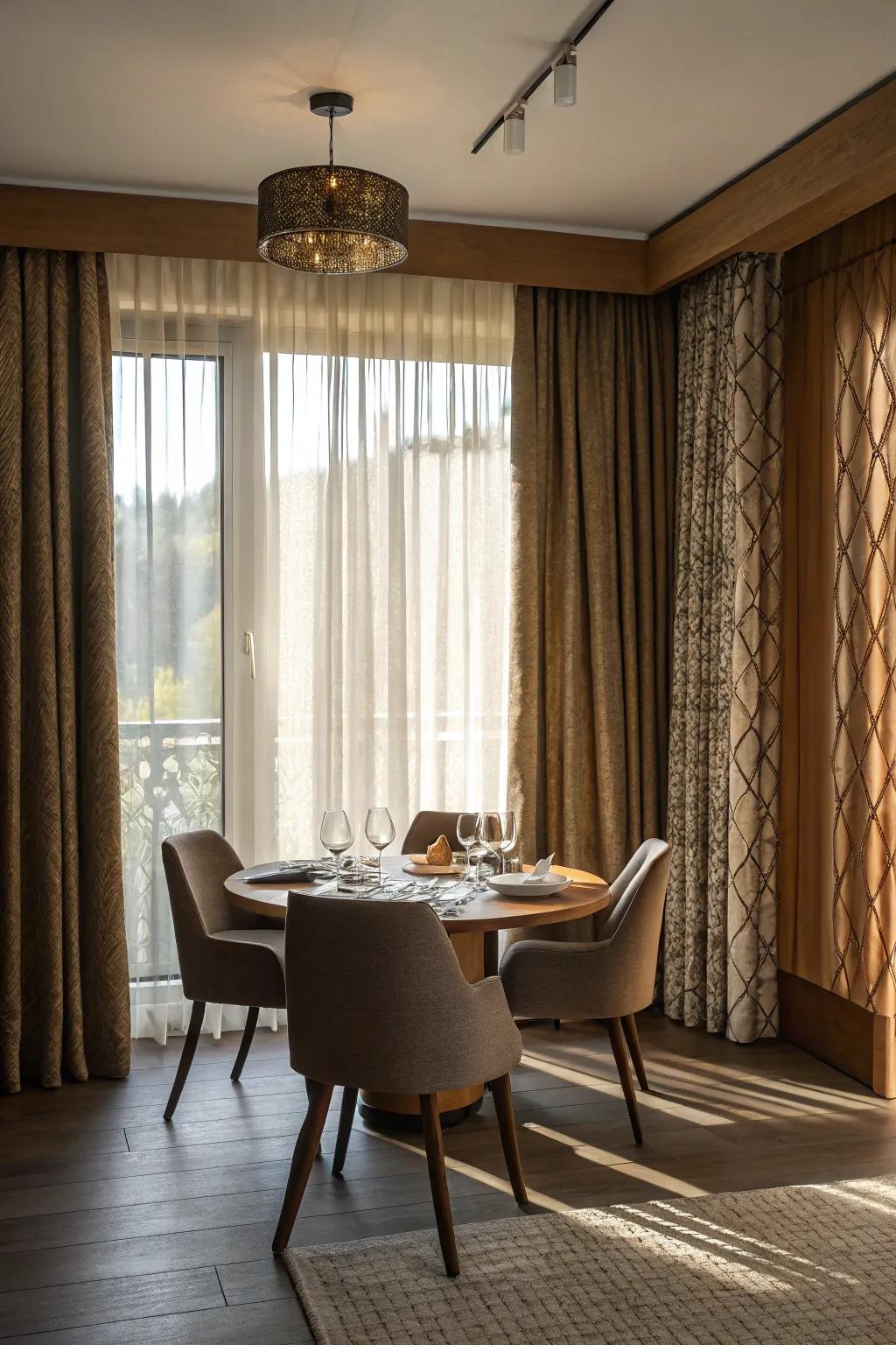 Textured window coverings adding dimension to the dining room.