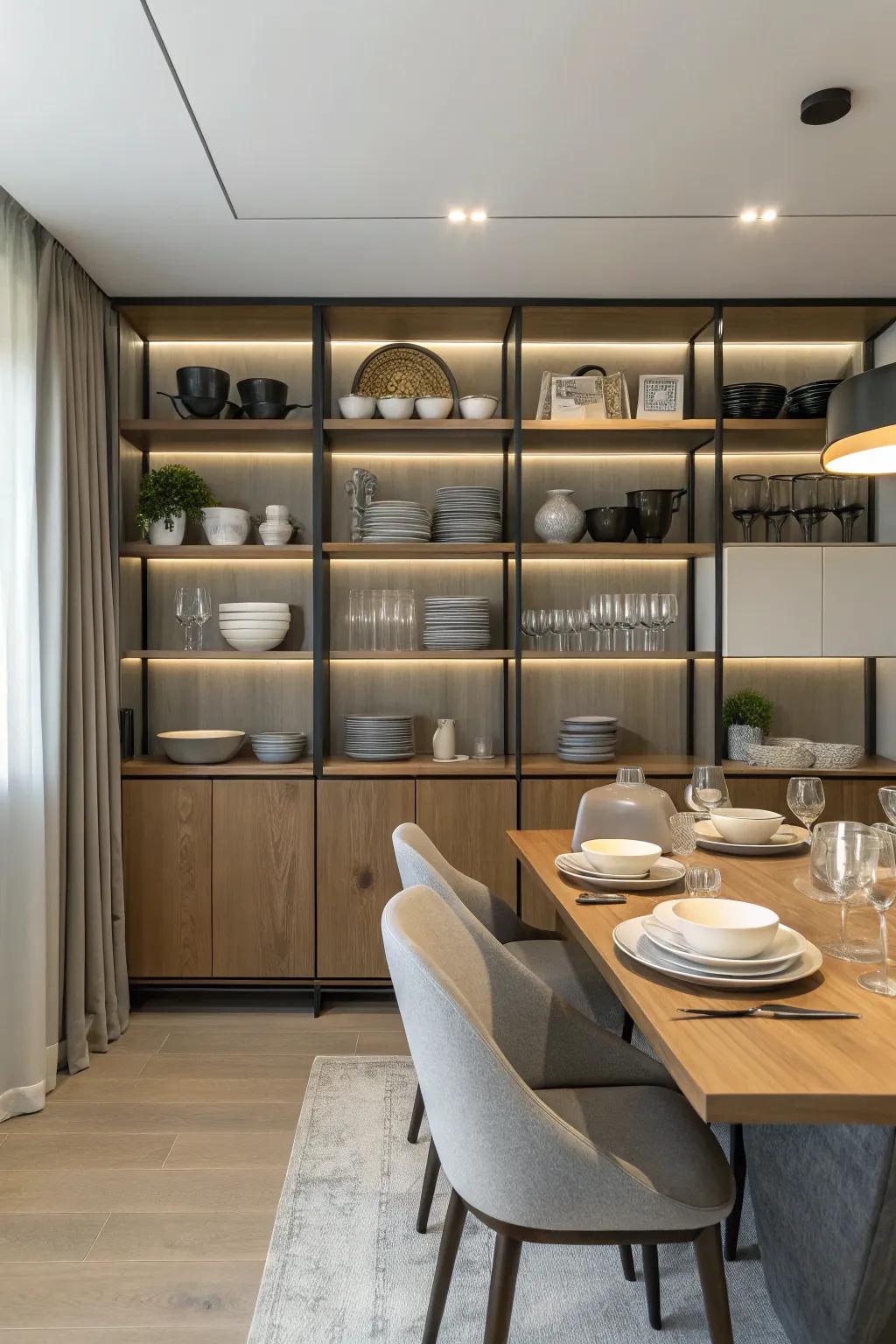 Open shelving offers both functionality and decorative display.