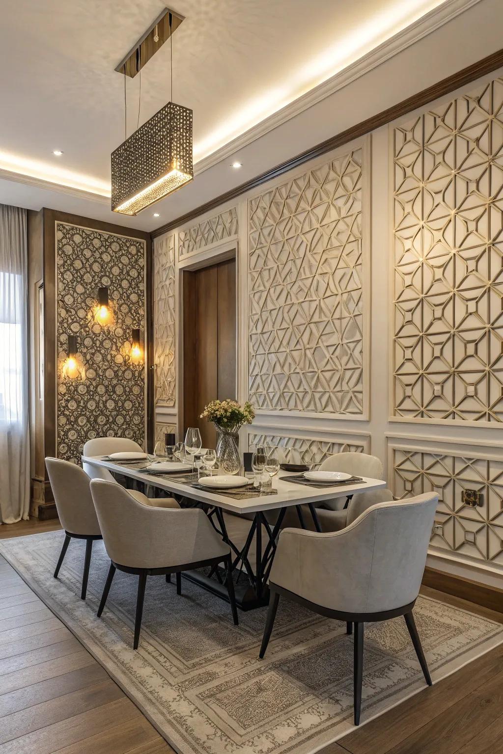 Geometric patterned wainscoting adds a modern artistic touch to the dining room.