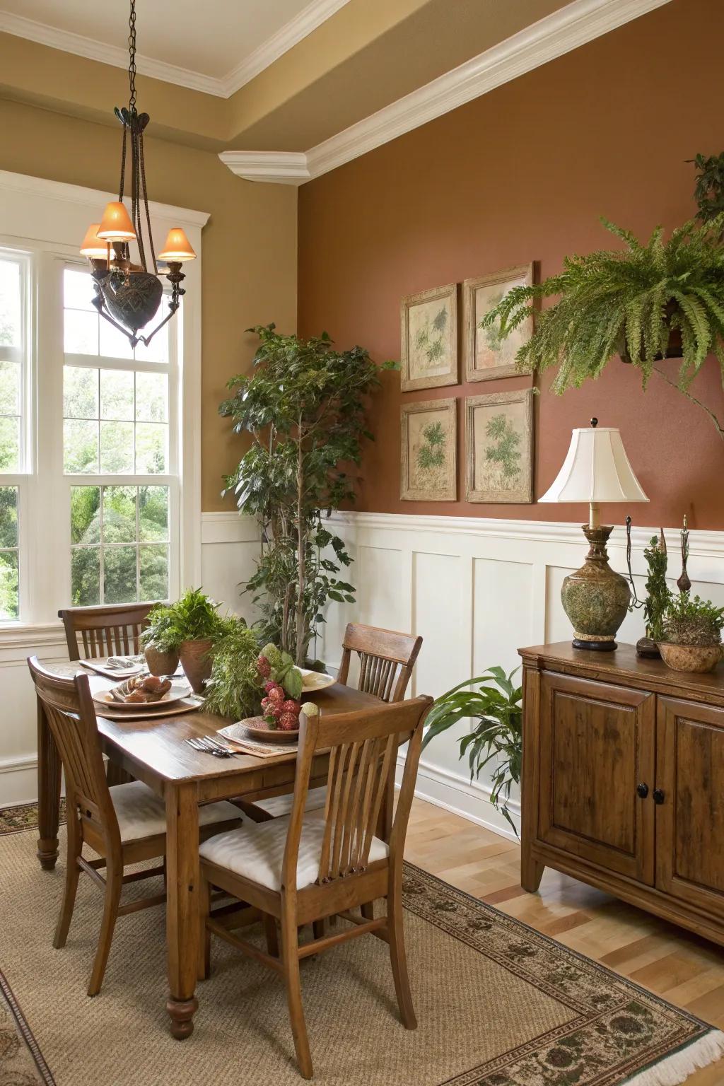 Earthy tones bring warmth and coziness to the dining area.