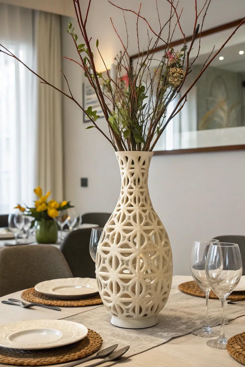 A sculptural vase serves both as a centerpiece and an artistic focal point.