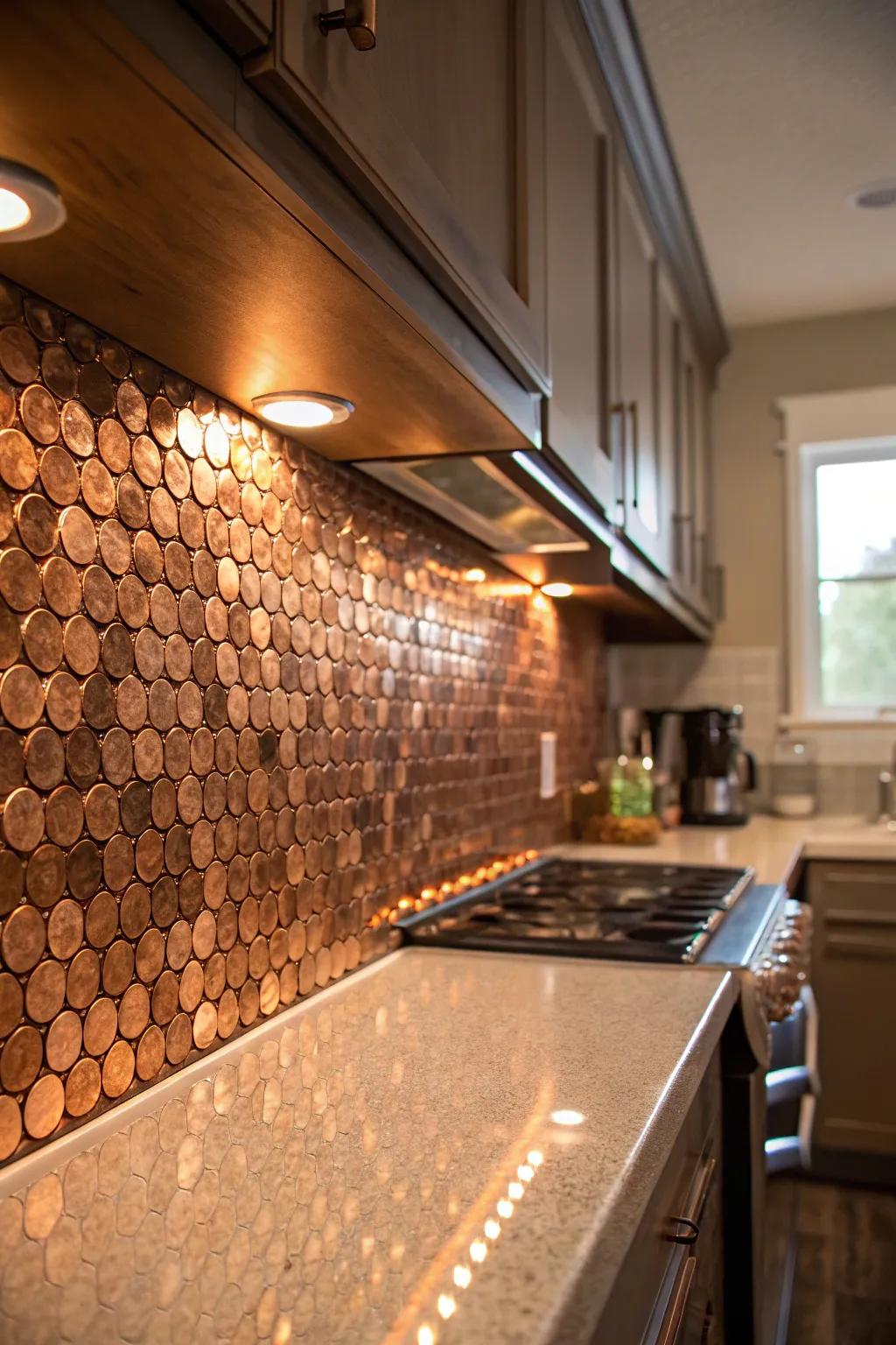 A coin backsplash brings a rich gleam and unique texture.