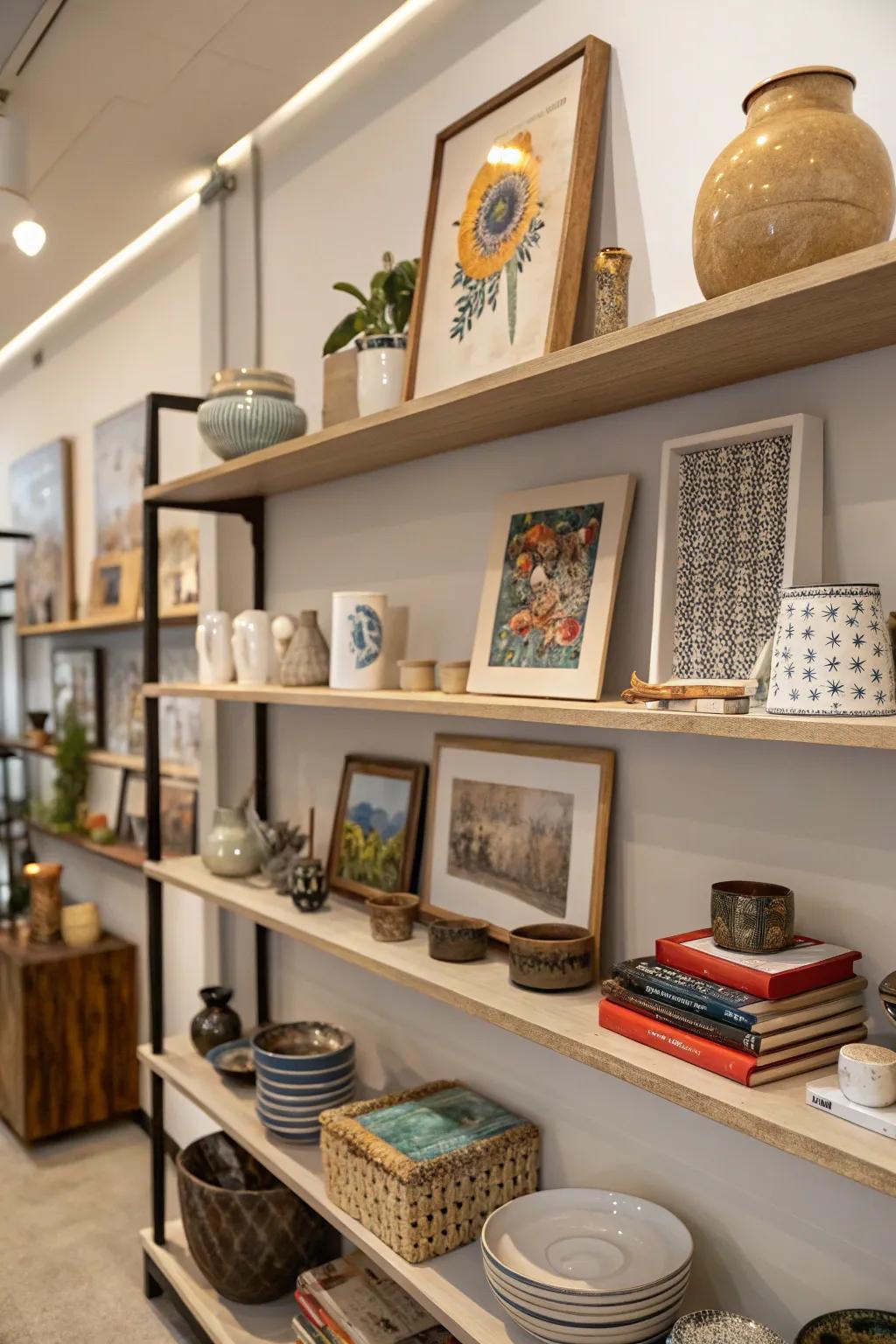 Artistic shelf vignettes tell personal stories.