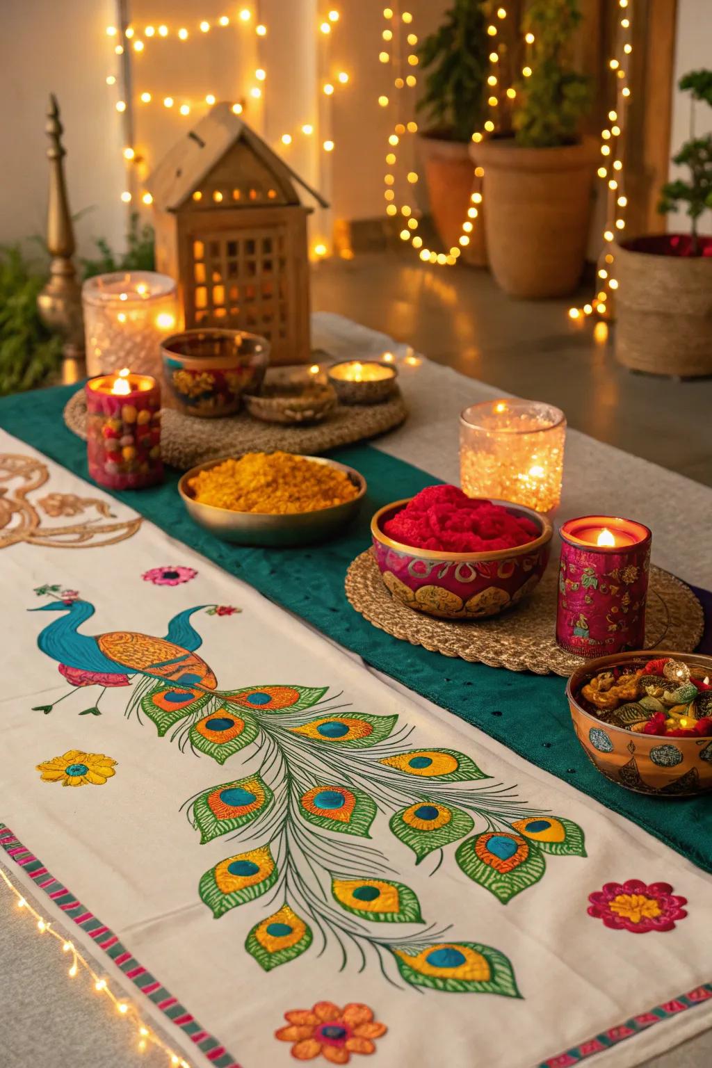 Cultural aspects such as peacock images add genuineness to the Diwali decorations.