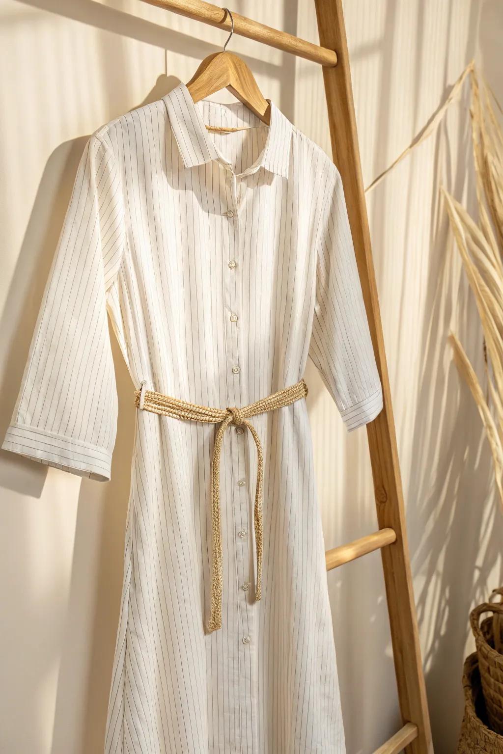 Transform elegance: from men's shirt to chic dress, perfect for a stylish brunch.