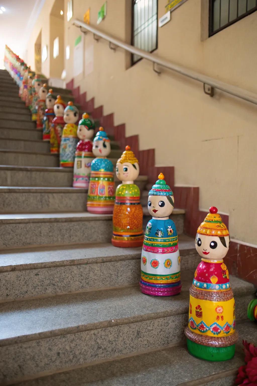 Upcycled plastic bottles turned into beautiful Golu dolls.