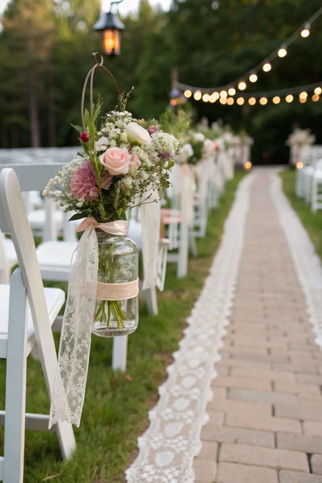 Preserving jar blossoms contribute countryside charm to your wedding aisle.