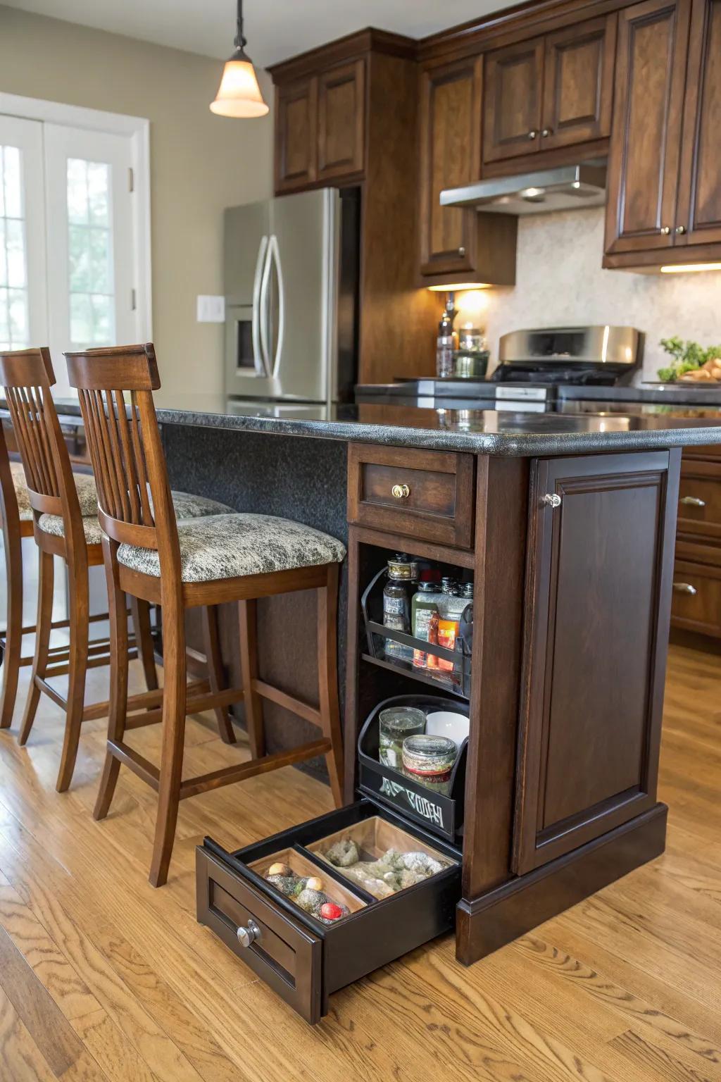 A cooking space island featuring concealed storage keeps dog food out of sight yet accessible.