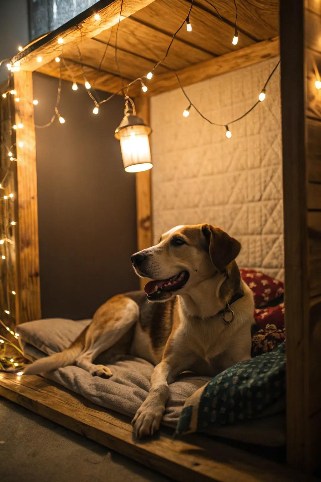 Welcoming lighting via sparkling lights transforms a dog nook into a snug, inviting space.