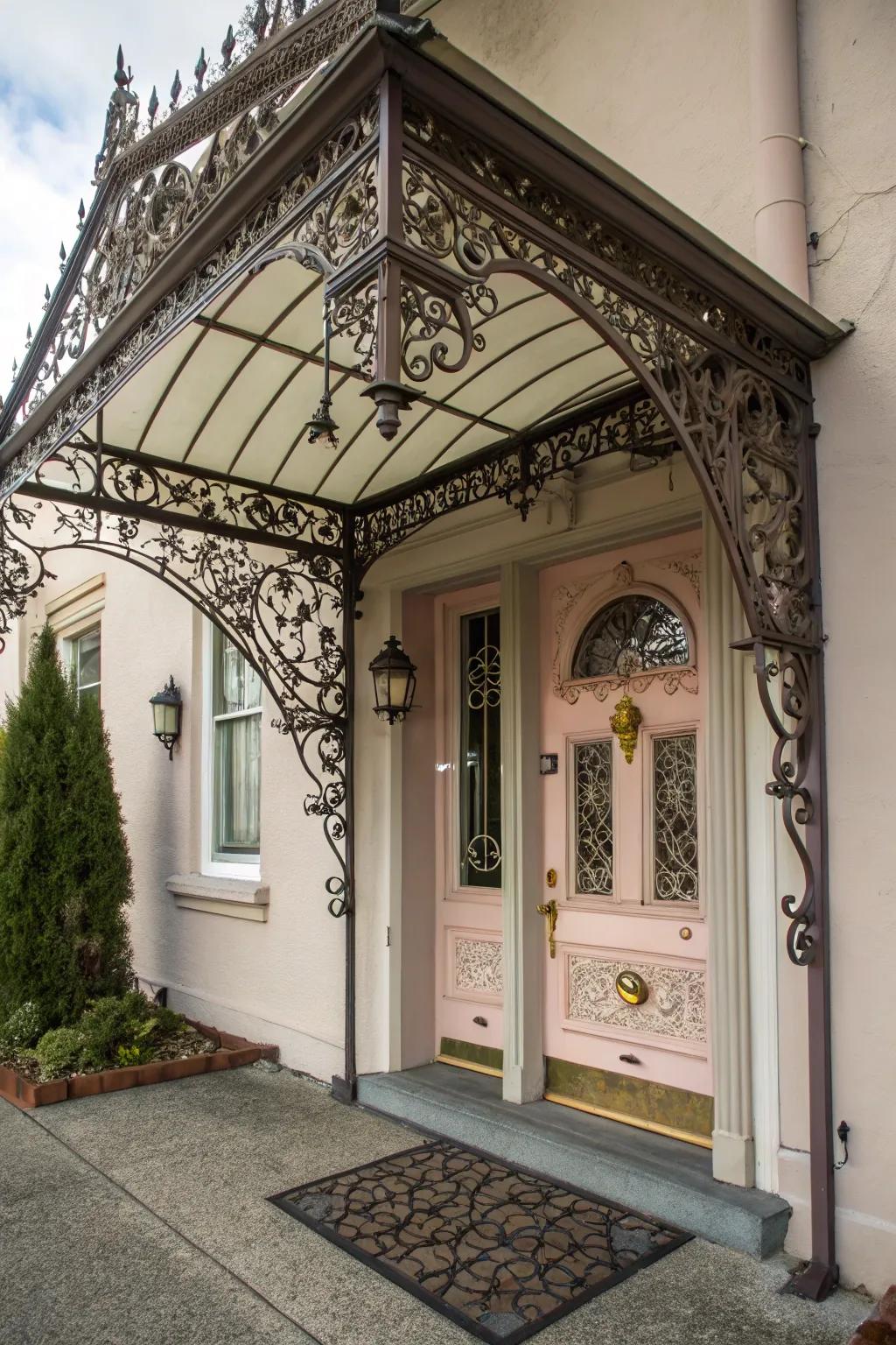 An artistic forged metal shelter that serves as a beautiful focal point.