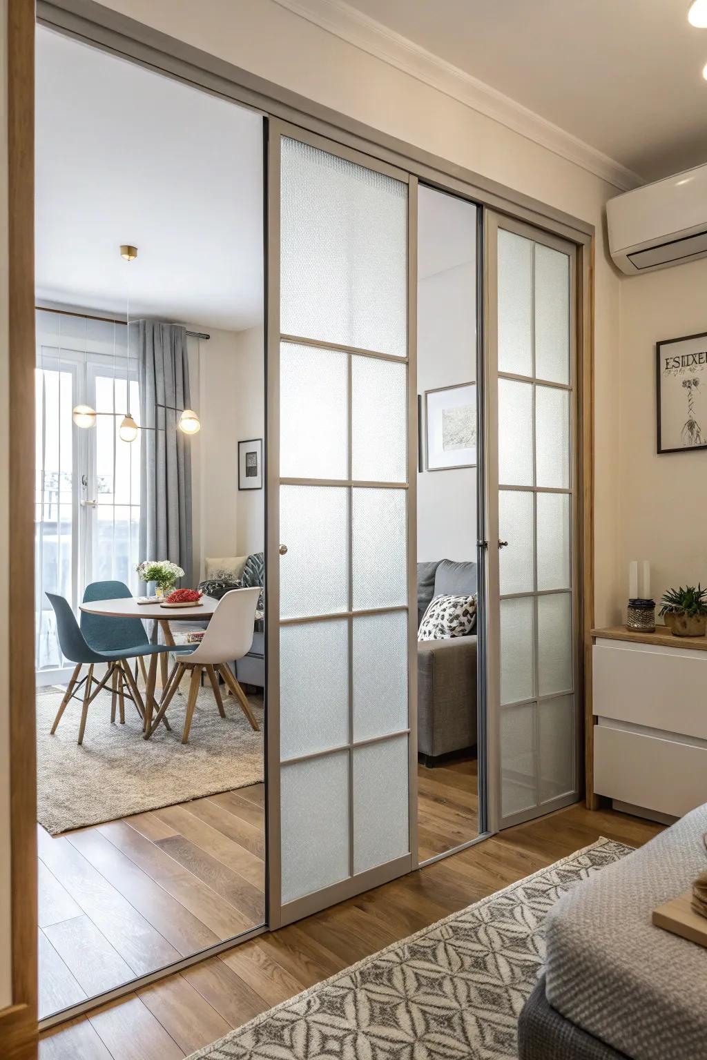 Opaque glass doors elegantly combine personal space and light flow in this studio apartment.