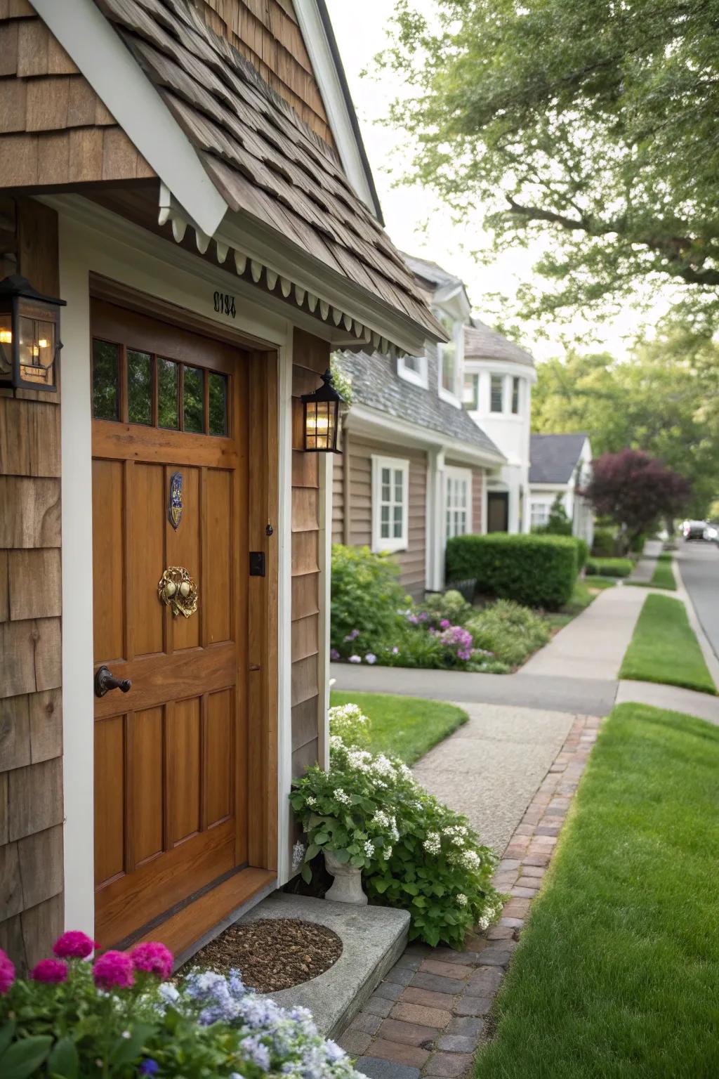 A front entrance with a charming wood-tile roof in a traditional house setting.