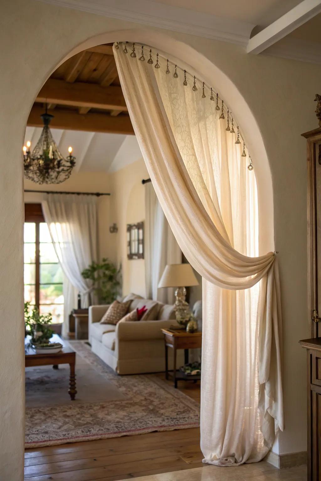 Drapes elegantly define and upgrade archways.