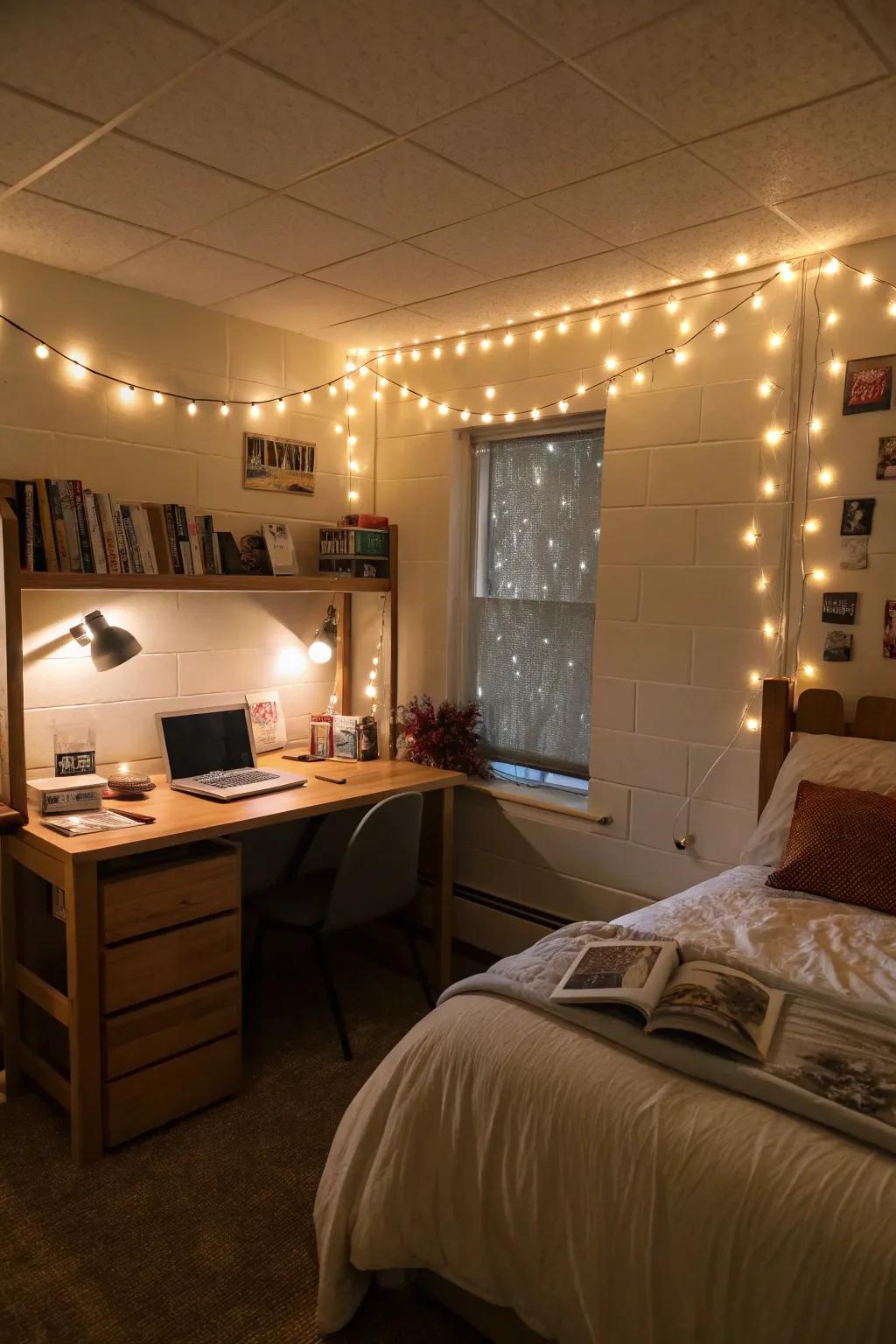 Soft lighting enhances the atmosphere and comfort of your college room.