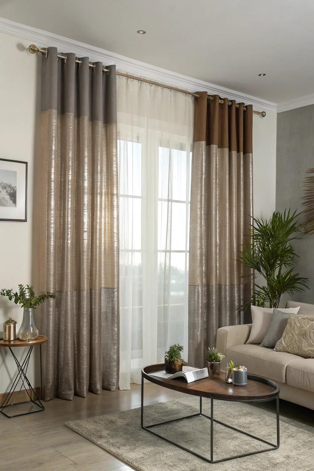Metallic sheers add a modern and chic touch to these layered curtains.