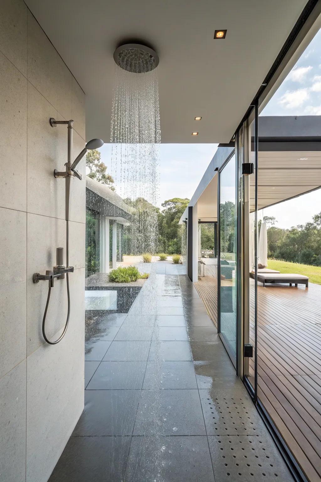 Experience the freedom of a fully open shower area with double shower heads.