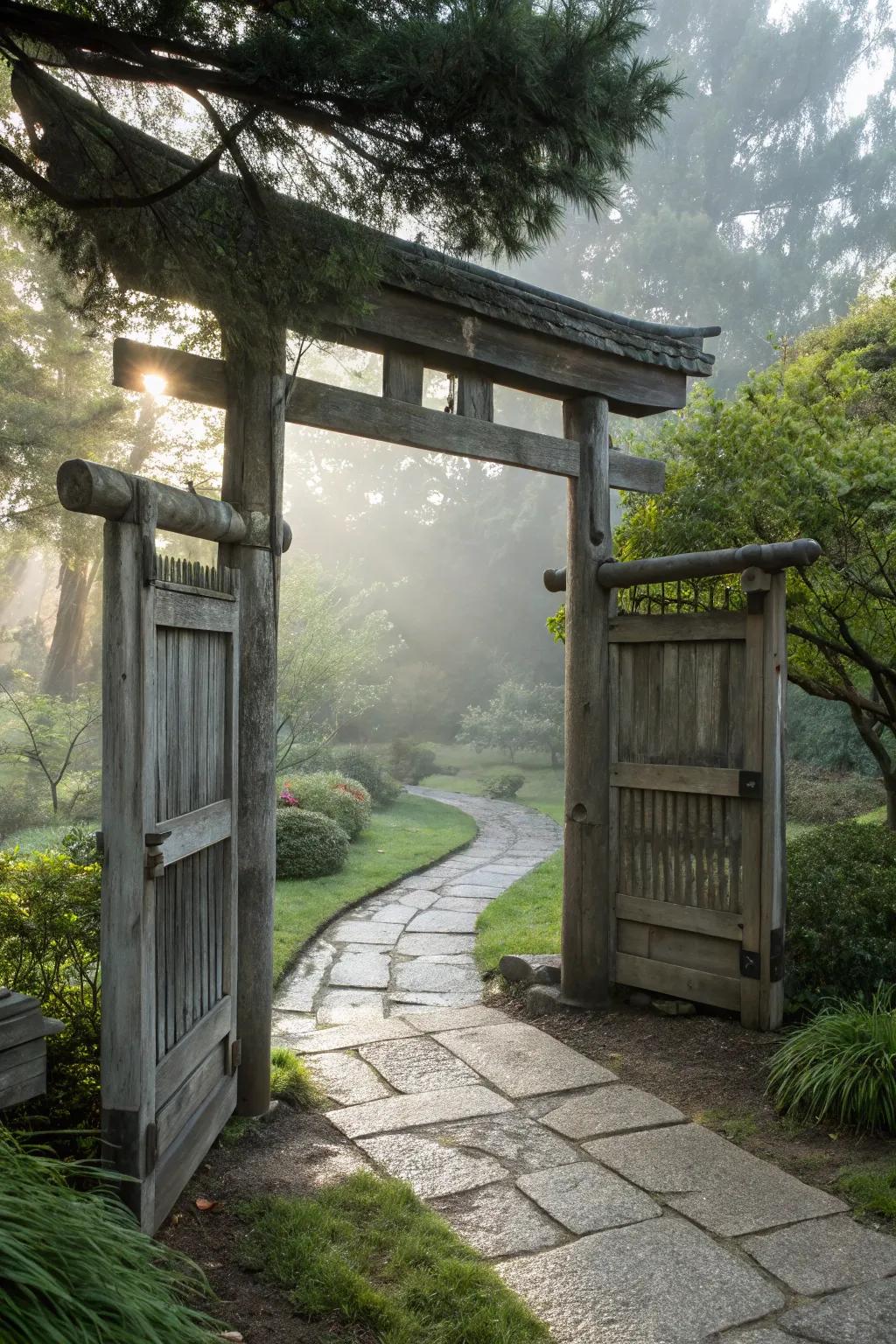 A Zen-inspired entrance offers a serene entry to your garden.