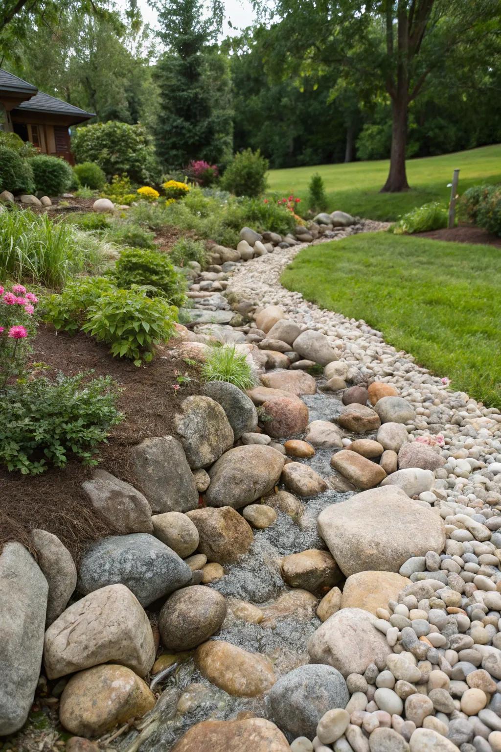A dry creek bed infusing the elegance of a flowing stream, sans water.