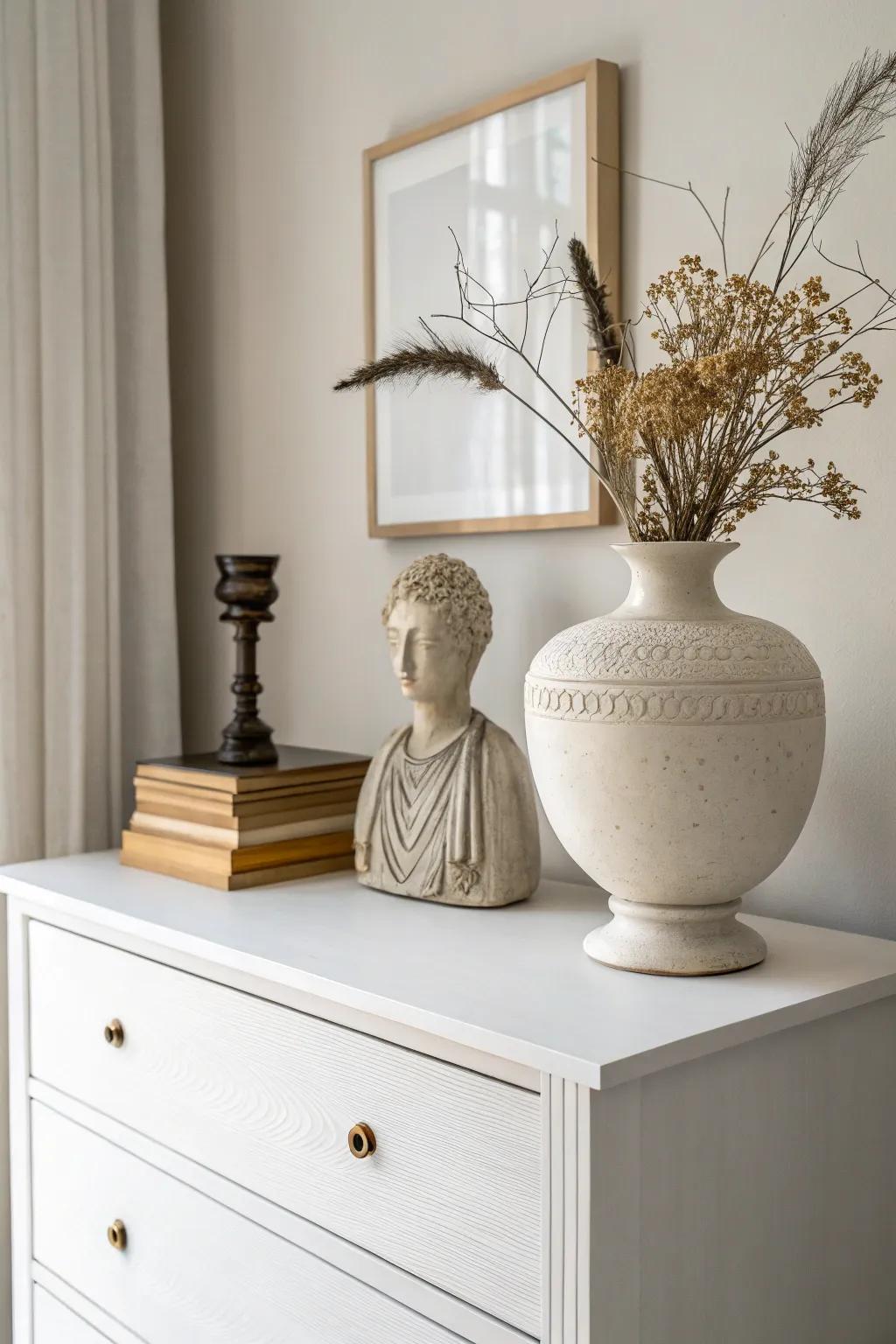 Minimalist decor creates a serene and stylish dresser.