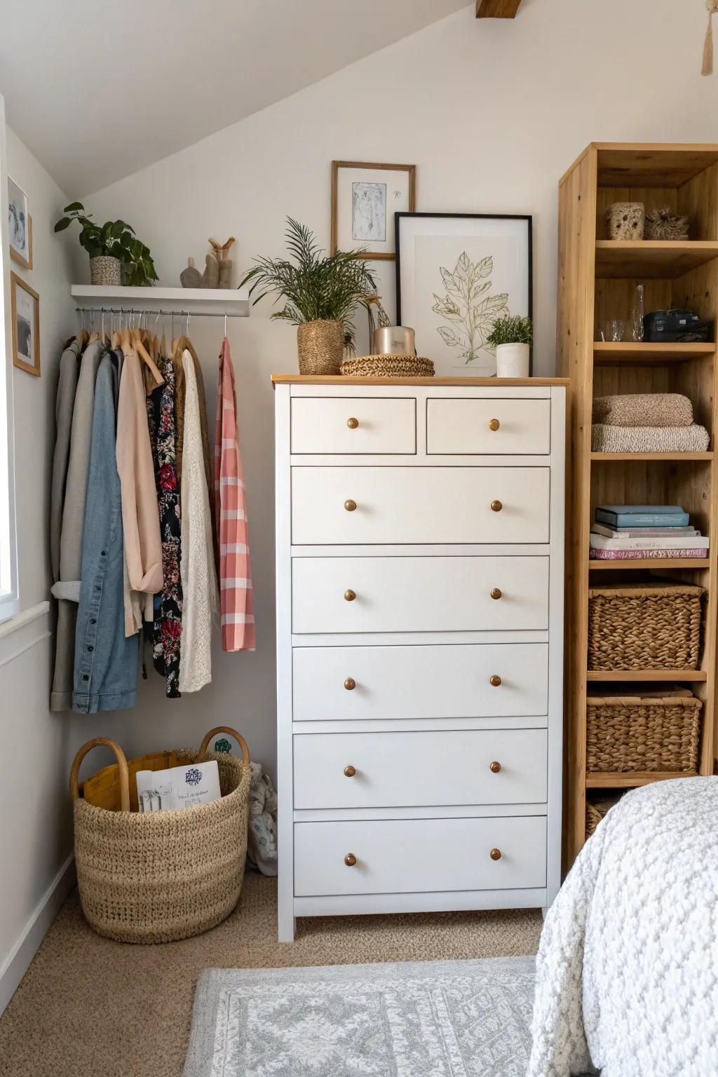 A tall, narrow dresser efficiently utilizing vertical space in a small bedroom.