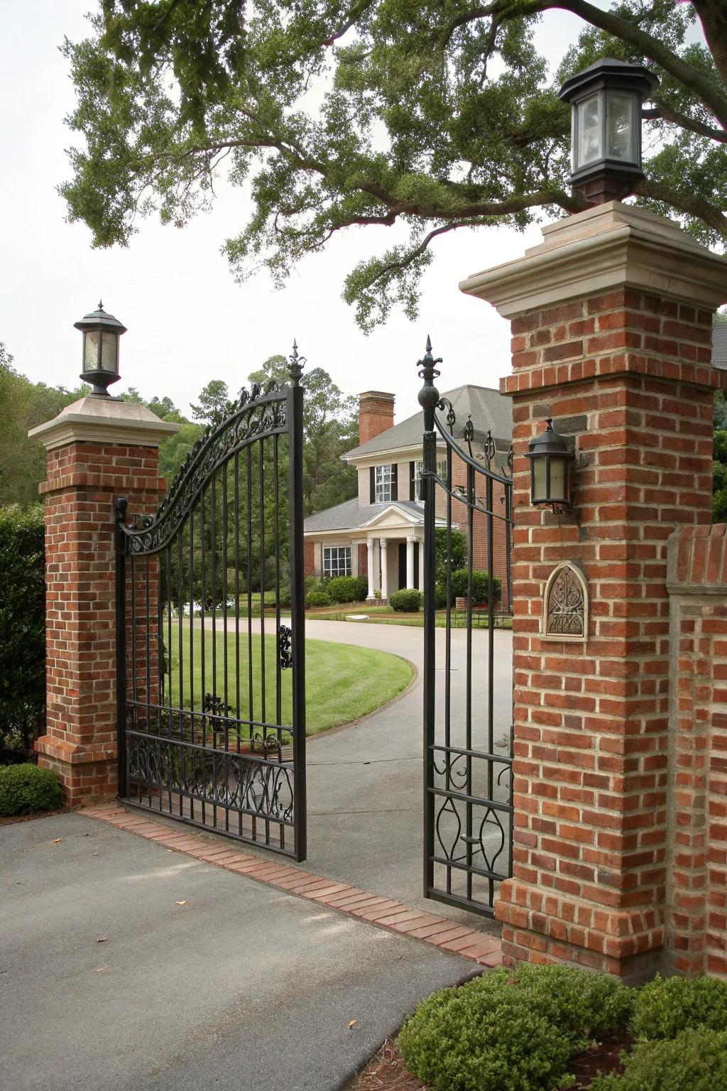 A traditional masonry and iron gate that withstands the test of time.