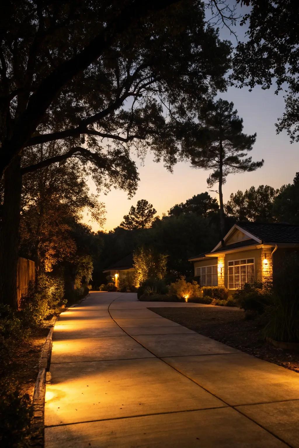 Subtle lighting casting a welcoming glow over the driveway.