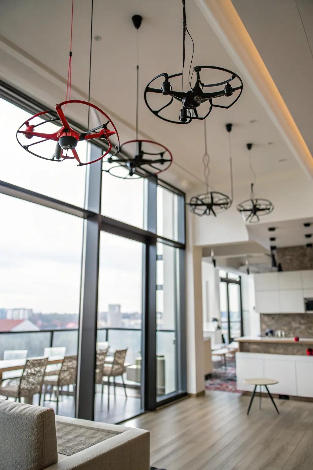 Ceiling hooks offer a unique and space-saving drone storage solution.