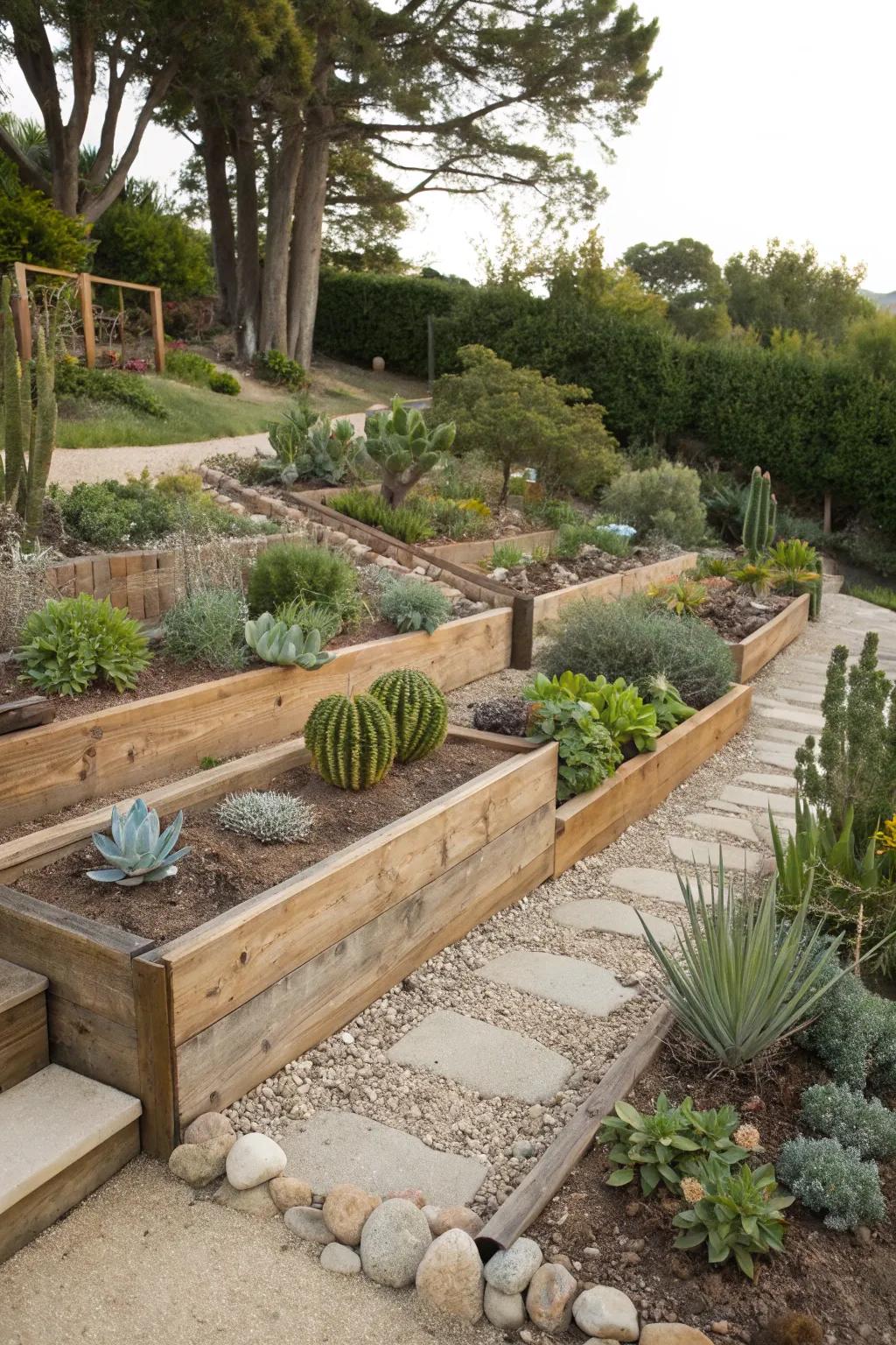 Elevated beds and terracing optimize how water is used in your garden.