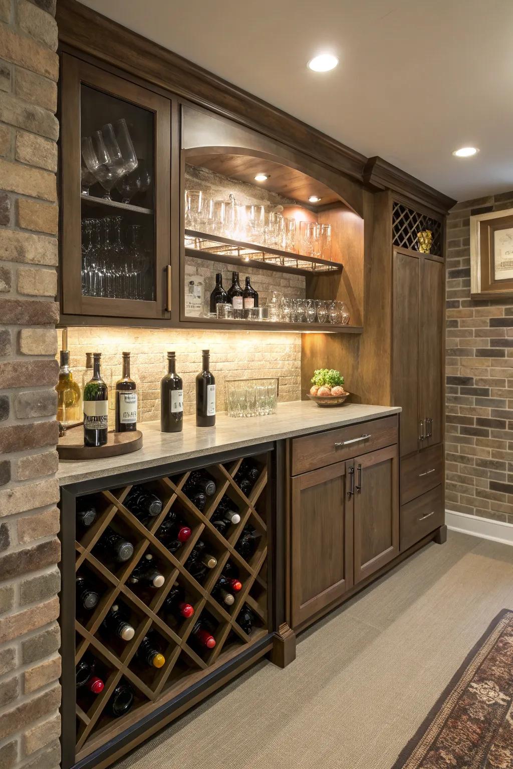 An integrated wine rack adds sophistication and style.