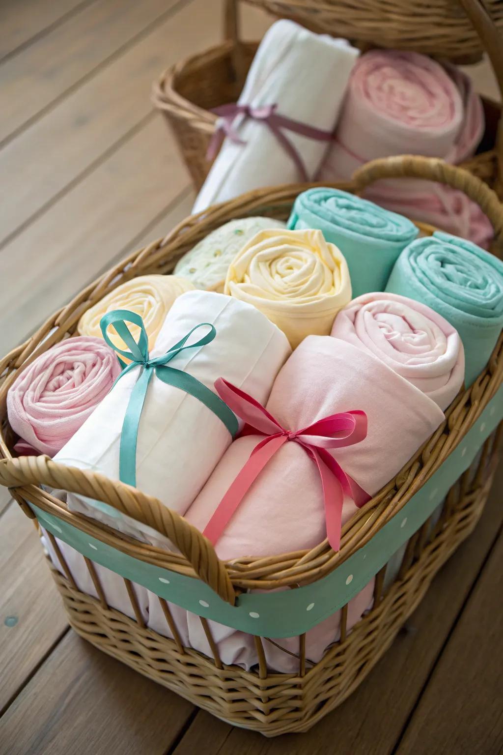 Rolled-up comforters add a charming touch to storage.