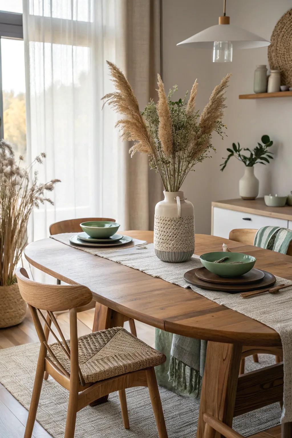 Gather around a wooden dining table for a naturally cozy dining experience.