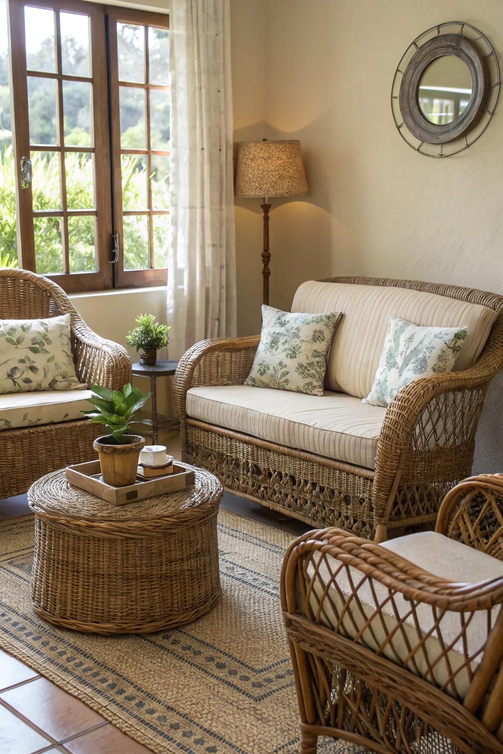 Room featuring rattan and wicker furnishings for added texture.