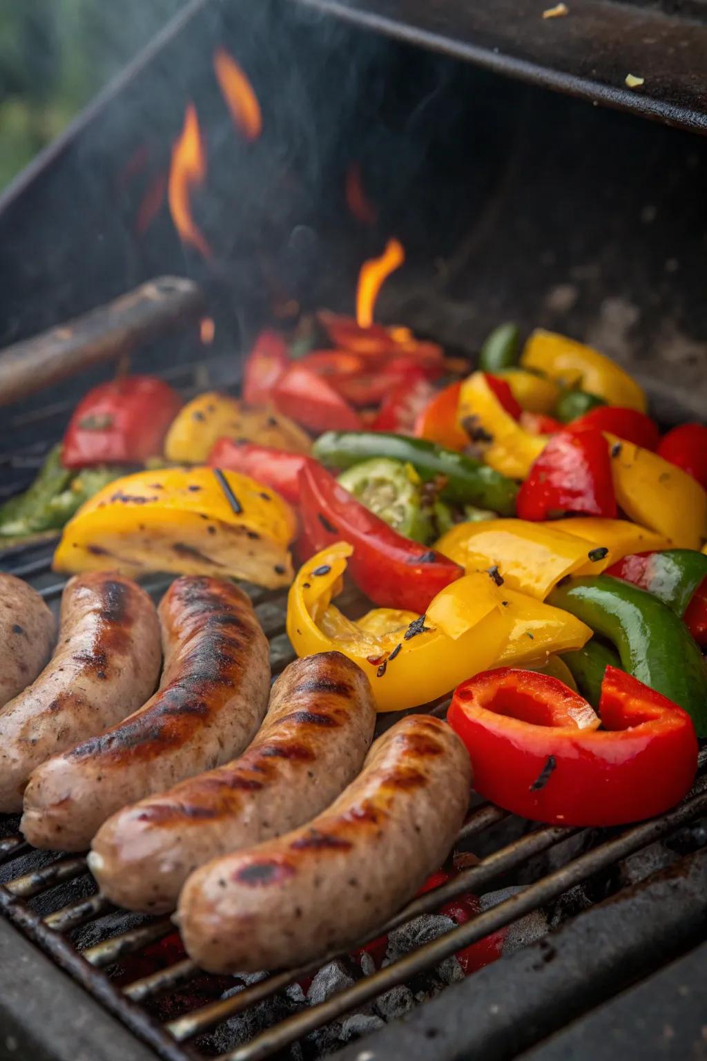 Satisfying flame-kissed links with colorful peppers.