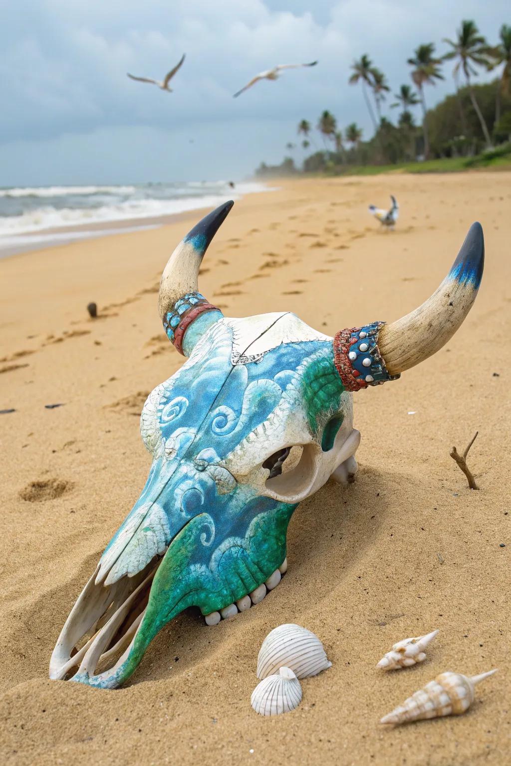 Oceanic themes transform skulls into serene coastal decor.