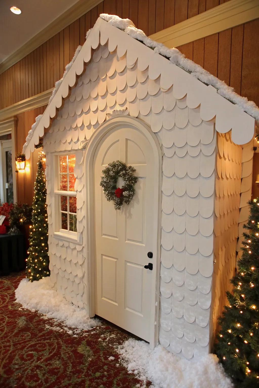 A scalloped topping impression contributes an elegant snowy accent to the entrance.