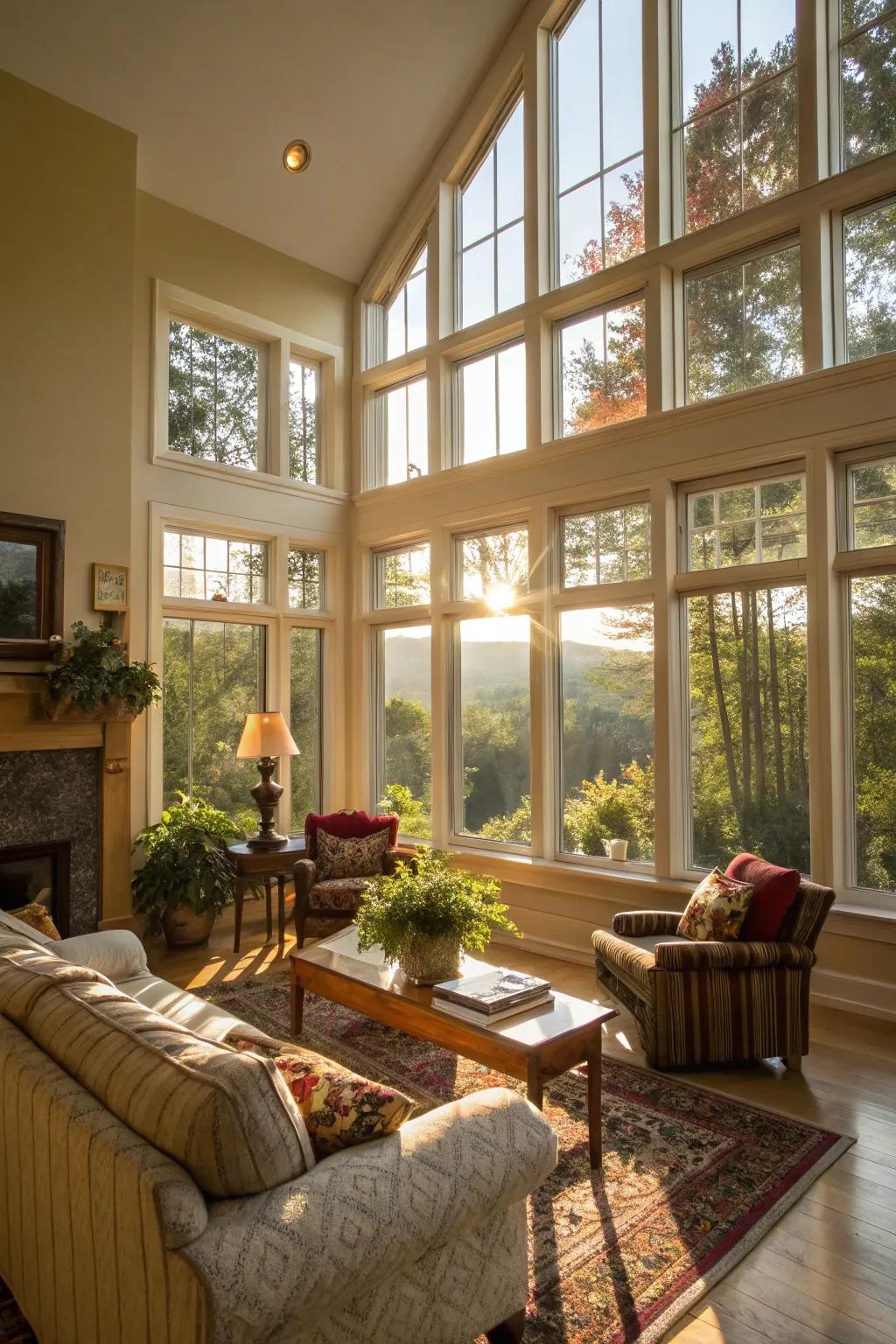 A home with strategic window placement for optimal latent sunlight warming.