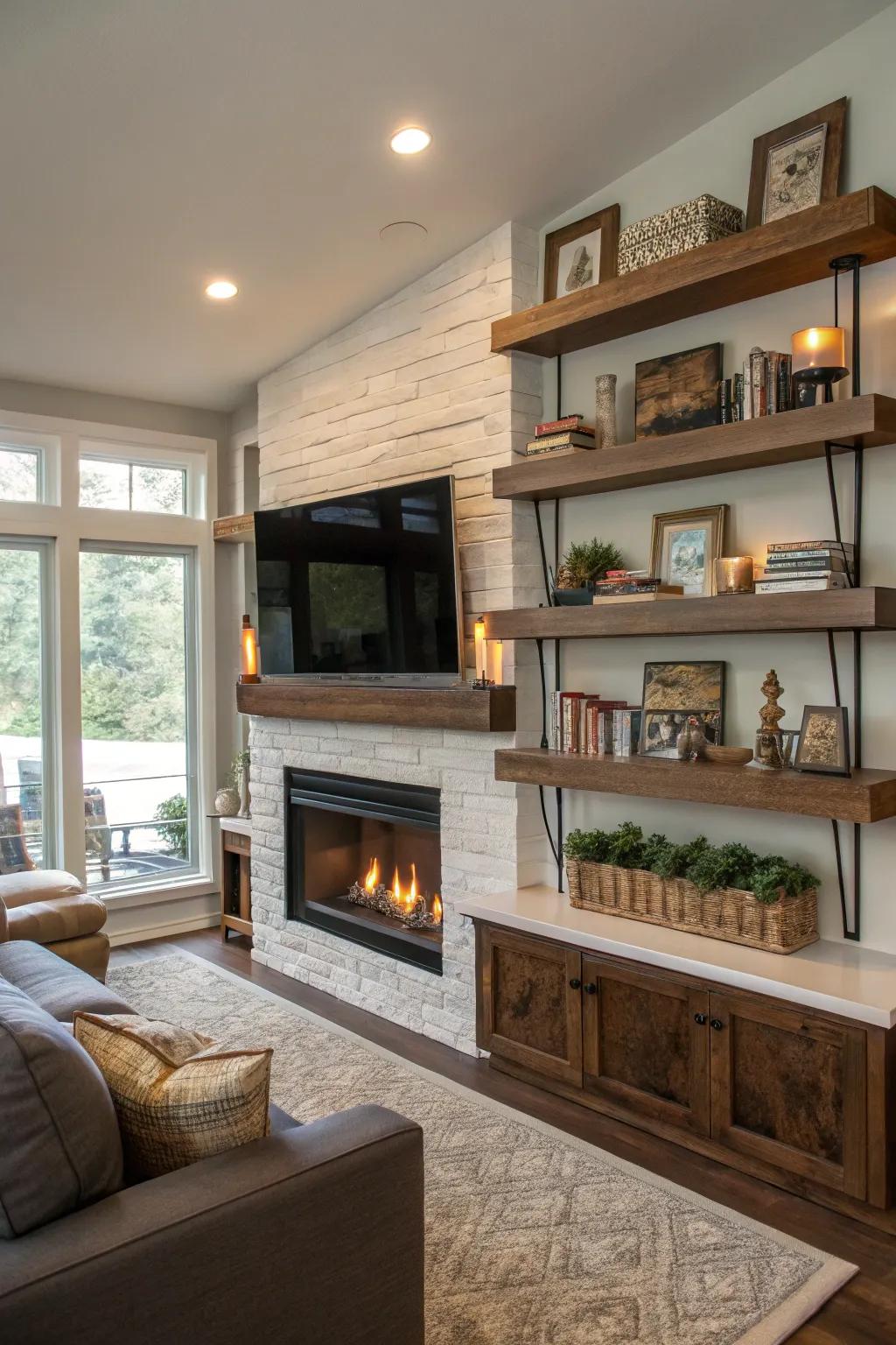 Hanging shelves give simple style and space for decorations.