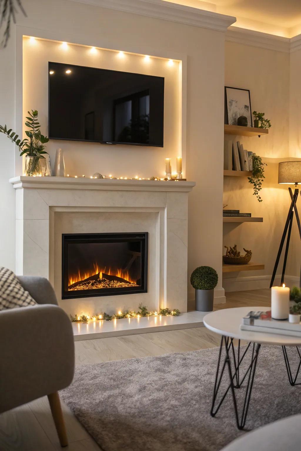 Accent lighting highlights the features of an electric fire feature.