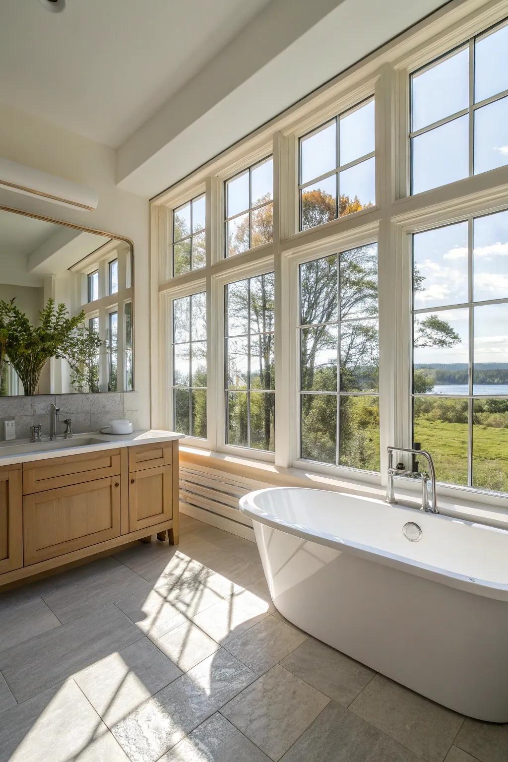 Sunshine floods this chic bathroom, accentuating its features.