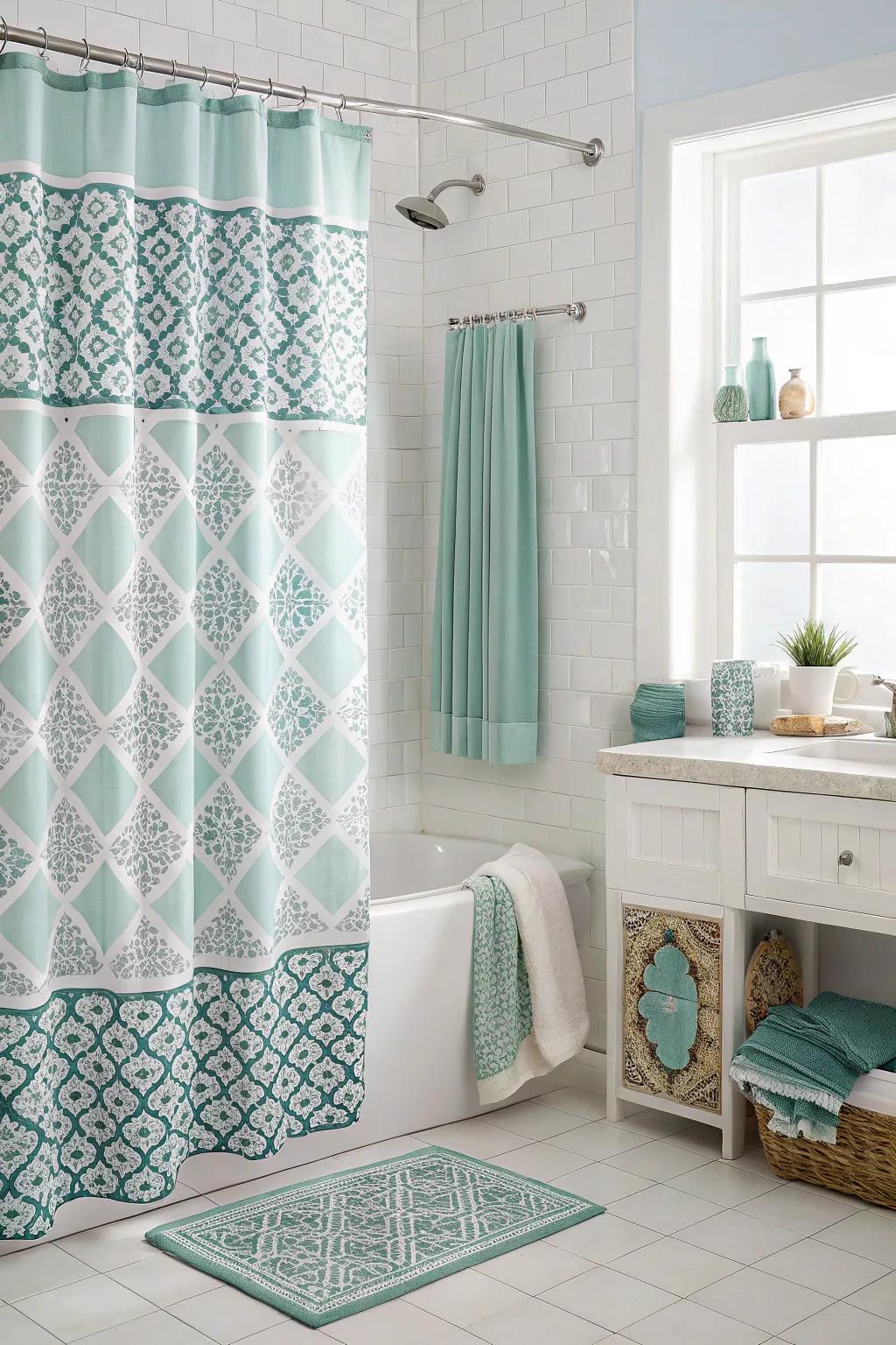 A bathroom where the shower curtain and decor elements complement each other harmoniously.