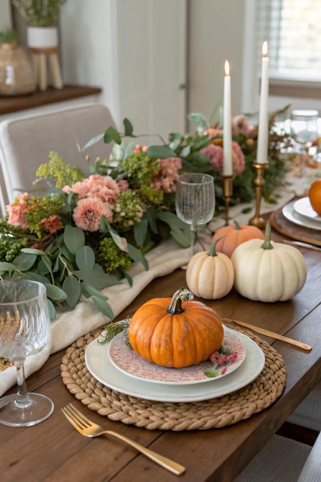 Seasonal decor keeps the table setting fresh and current.