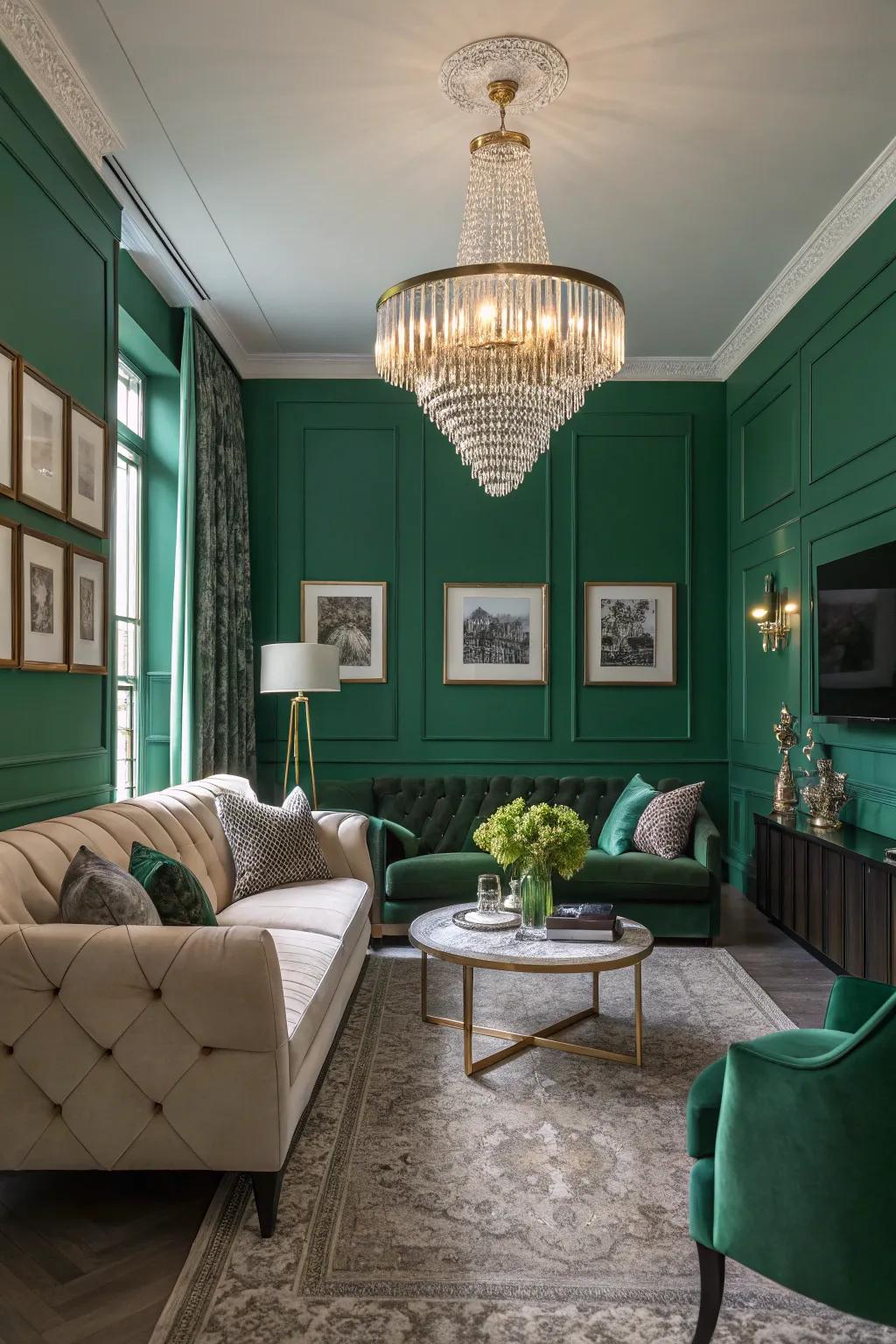 Elegant lighting amplifies the sophistication of green decor.